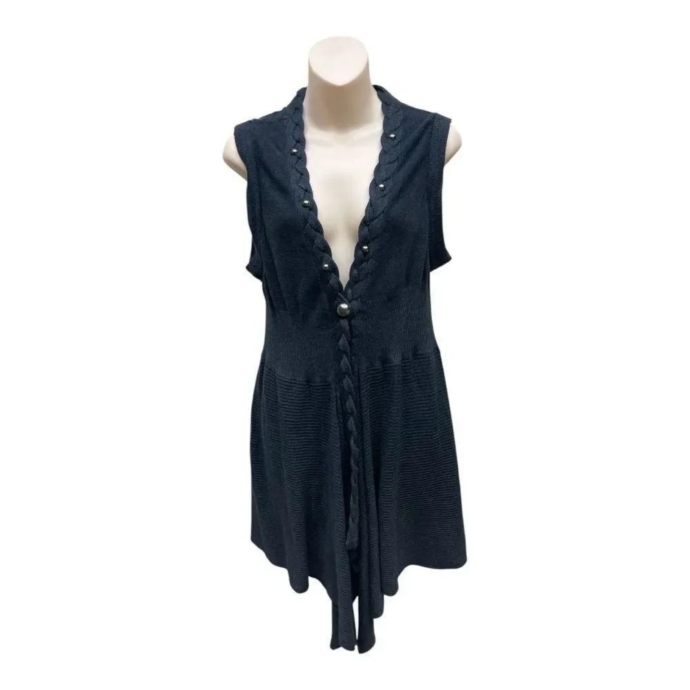 FYLO Open Front Cardigan Vest Braided Hem Asymmetrical Charcoal Sz L Causal Boho